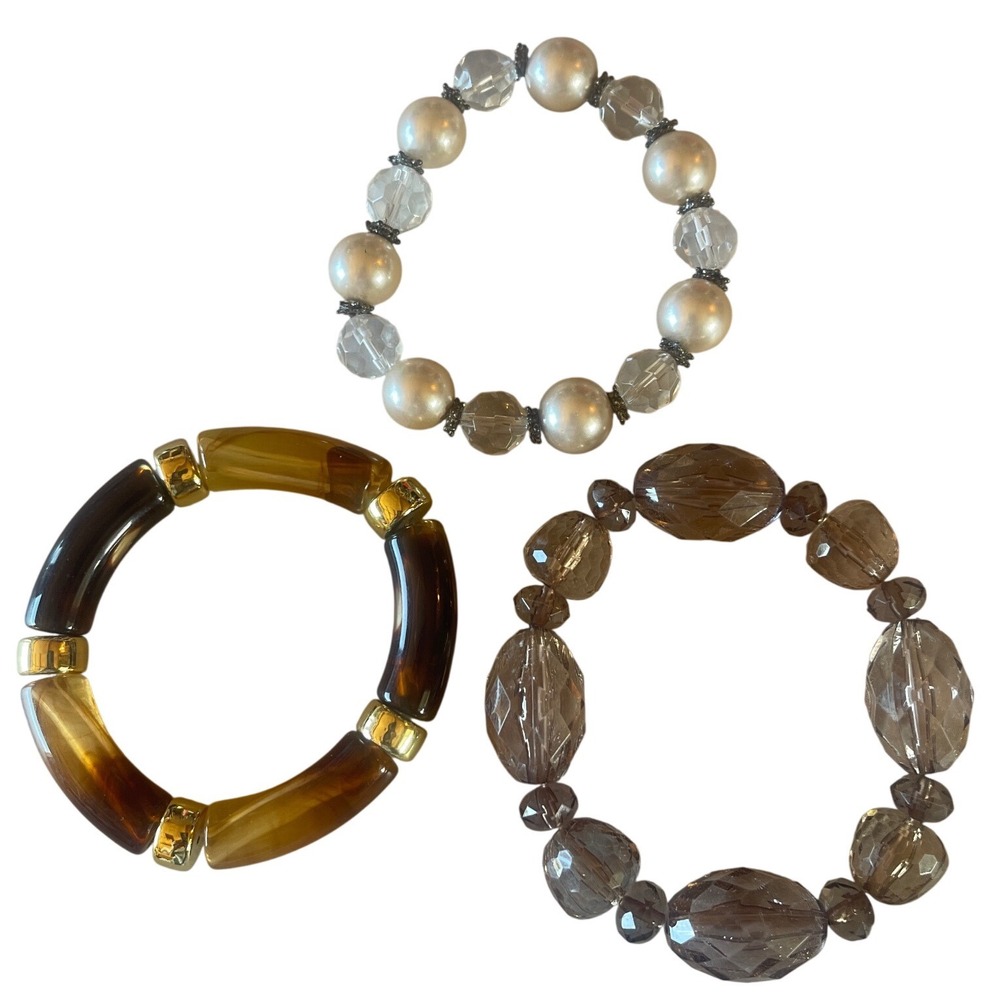 Set of 3 Stretch Bracelets Faux Tortoiseshell Pearl Smoky Faceted Beaded Brown